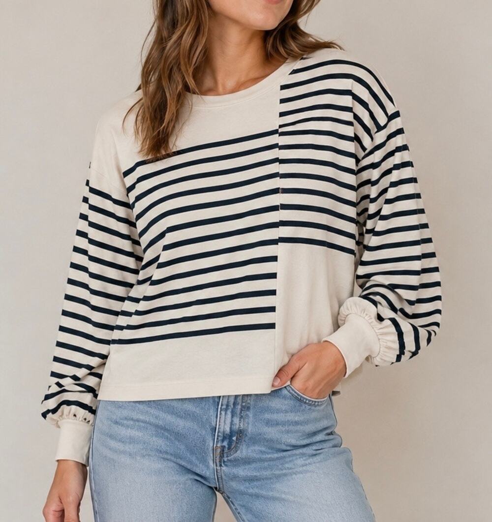 Cabi Asymmetrical Striped Long Sleeve Top - Beige & Navy Size XS